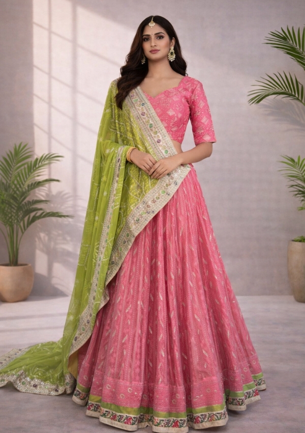 Pink Green Bandhej Work Lehenga Choli